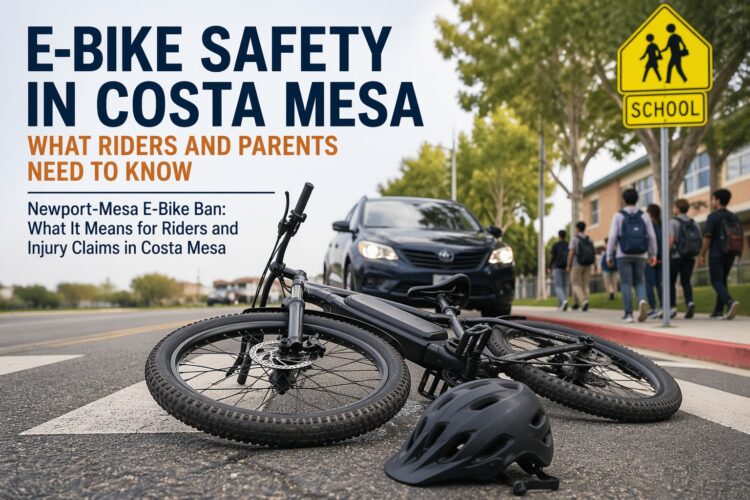 E-bike rider traveling through Costa Mesa near Newport-Mesa schools. Law Office of Jasminder Gill discusses e-bike safety concerns, accident risks, and injury claims in Costa Mesa and Newport Beach.