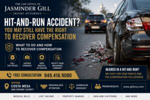 Hit-and-run accident scene involving vehicle damage in Costa Mesa. Law Office of Jasminder Gill helps accident victims recover compensation after hit-and-run crashes throughout Orange County.