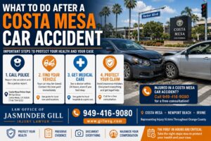 Costa Mesa car accident infographic showing important steps to take after a crash, including calling police, locating your vehicle, obtaining medical care, and protecting your injury claim.