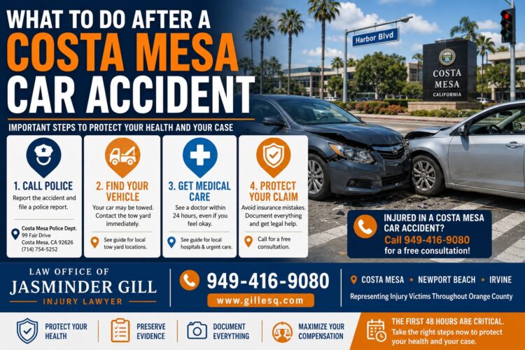 Costa Mesa car accident infographic showing important steps to take after a crash, including calling police, locating your vehicle, obtaining medical care, and protecting your injury claim.