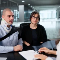 a-man-with-a-neck-brace-and-arm-sling-sits-beside-a-woman-at-a-desk