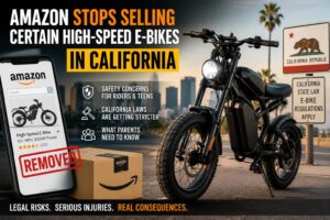 High-speed electric bicycle in California as Amazon restricts sales of certain e-bikes due to safety concerns