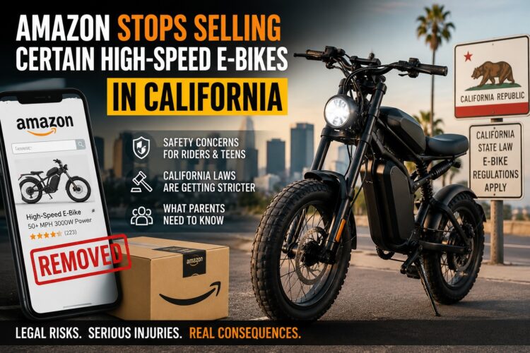 High-speed electric bicycle in California as Amazon restricts sales of certain e-bikes due to safety concerns