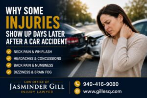 Car accident victim experiencing neck pain after a collision, highlighting delayed injury symptoms such as whiplash, headaches, back pain, numbness, dizziness, and concussion symptoms that may appear days after a crash.