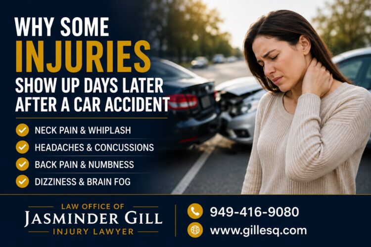 Car accident victim experiencing neck pain after a collision, highlighting delayed injury symptoms such as whiplash, headaches, back pain, numbness, dizziness, and concussion symptoms that may appear days after a crash.