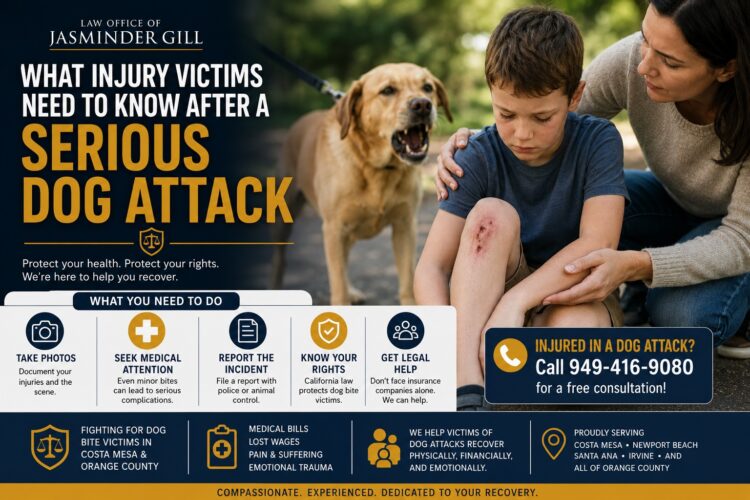 Costa Mesa dog bite injury resource explaining what victims should do after a serious dog attack, including medical treatment, reporting the incident, documenting injuries, and protecting their legal rights.