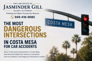 Dangerous Costa Mesa intersection with heavy traffic and traffic signals where serious car accidents frequently occur