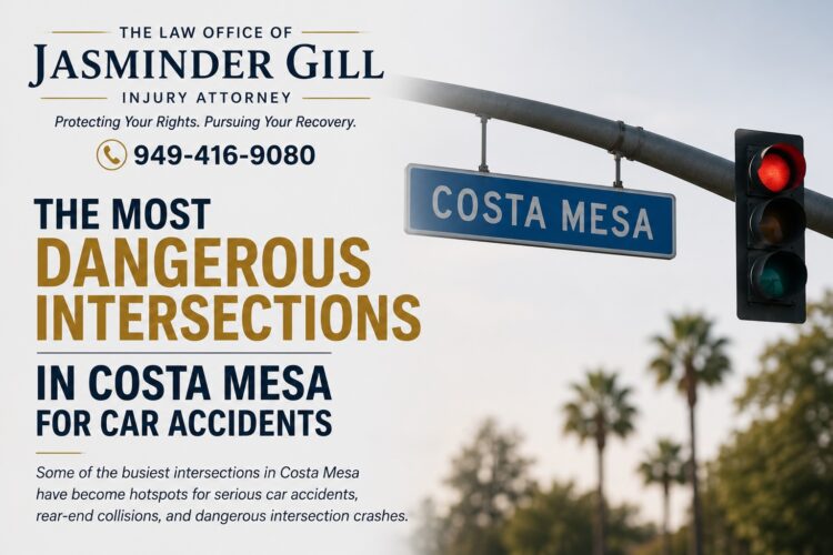Dangerous Costa Mesa intersection with heavy traffic and traffic signals where serious car accidents frequently occur