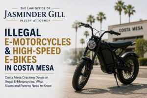 Illegal e-motorcycle and high-speed electric bicycle in Costa Mesa California amid increased enforcement and safety concerns