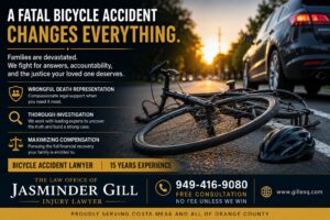 Fatal bicycle accident scene involving a bicycle and vehicle at sunset. Law Office of Jasminder Gill Injury Lawyer representing families in wrongful death bicycle accident cases throughout Costa Mesa and Orange County.