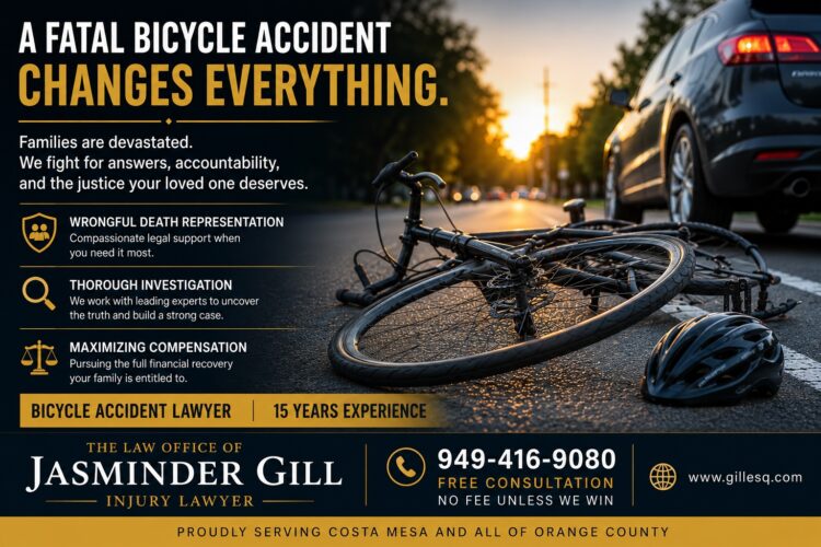 Fatal bicycle accident scene involving a bicycle and vehicle at sunset. Law Office of Jasminder Gill Injury Lawyer representing families in wrongful death bicycle accident cases throughout Costa Mesa and Orange County.