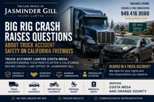 Truck accident involving a commercial big rig and passenger vehicle on a California freeway. Law Office of Jasminder Gill truck accident lawyer serving Costa Mesa and Orange County injury victims.