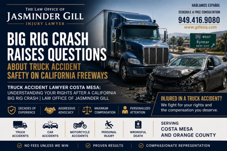 Truck accident involving a commercial big rig and passenger vehicle on a California freeway. Law Office of Jasminder Gill truck accident lawyer serving Costa Mesa and Orange County injury victims.