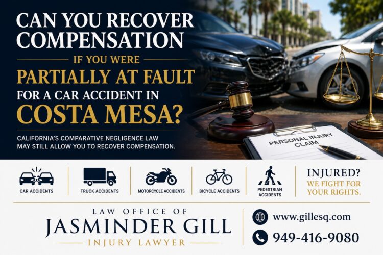 Can You Recover Compensation If You Were Partially At Fault in a Costa Mesa Car Accident? | Law Office of Jasminder Gill Law Office of Jasminder Gill injury lawyer explaining how injured victims may still recover compensation after a partially at-fault car accident in Costa Mesa and Orange County, California.
