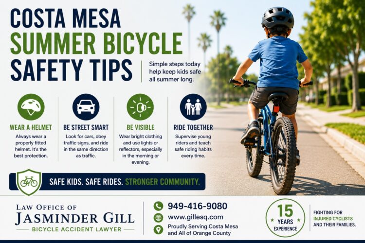 Summer bicycle safety tips for children in Costa Mesa featuring a young cyclist wearing a helmet and riding safely through a neighborhood. Educational bicycle safety graphic from the Law Office of Jasminder Gill Bicycle Accident Lawyer.