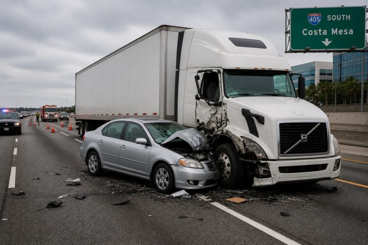 Commercial truck accident involving a passenger vehicle on a Southern California freeway near Costa Mesa California
