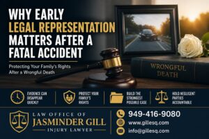 Wrongful death attorney image showing legal representation after a fatal accident with gavel, wrongful death law book, memorial rose, and family rights message by the Law Office of Jasminder Gill in Costa Mesa, California.