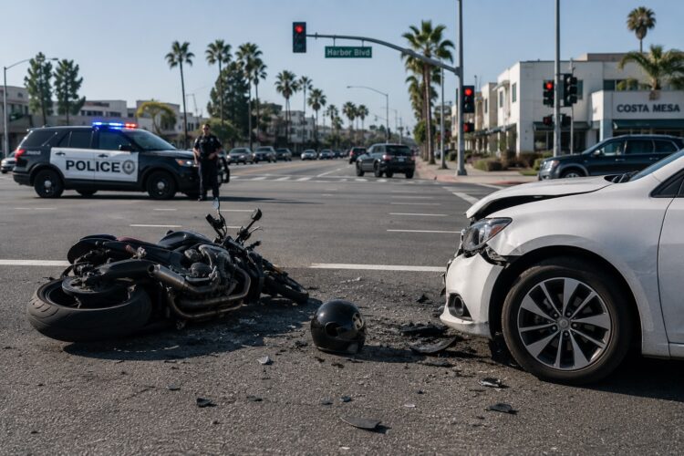 Costa Mesa Motorcycle Accident Lawyer | Law Office of Jasminder Gill Motorcycle accident at a Costa Mesa intersection involving a passenger vehicle and injured rider