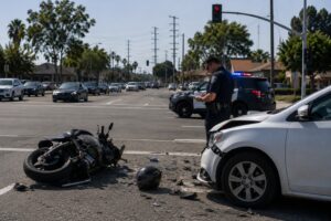 Motorcycle accident in Costa Mesa involving a passenger vehicle. Many motorcycle crashes occur when drivers claim they never saw the motorcycle before changing lanes, turning, or entering traffic.