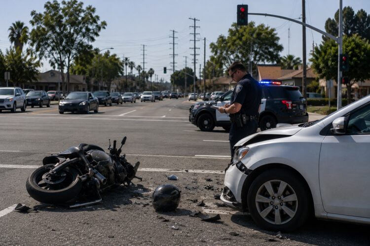 Motorcycle accident in Costa Mesa involving a passenger vehicle. Many motorcycle crashes occur when drivers claim they never saw the motorcycle before changing lanes, turning, or entering traffic.