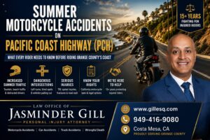 Orange County motorcycle accident on Pacific Coast Highway (PCH) in Orange County with attorney Jasminder Gill discussing motorcycle safety and legal rights after a California motorcycle crash.
