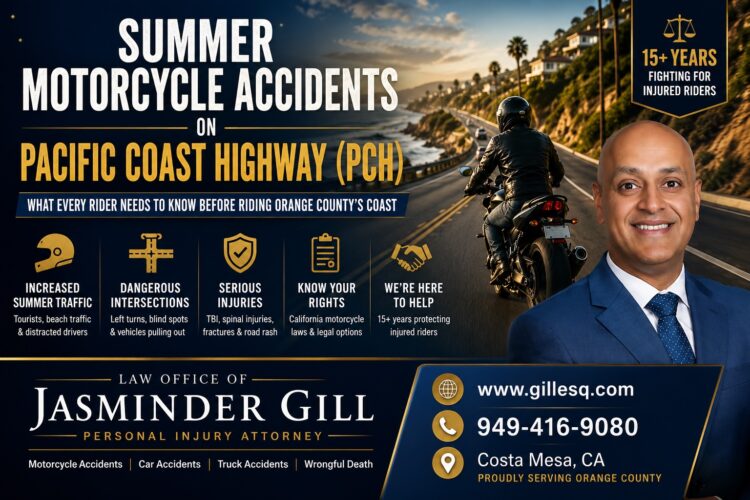 Orange County Motorcycle Accidents on Pacific Coast Highway (PCH) | Law Office of Jasminder Gill Orange County motorcycle accident on Pacific Coast Highway (PCH) in Orange County with attorney Jasminder Gill discussing motorcycle safety and legal rights after a California motorcycle crash.