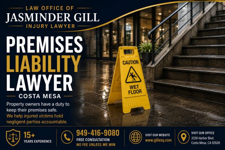 Costa Mesa premises liability lawyer helping injury victims after accidents caused by unsafe property conditions, wet floors, broken stairs, and negligent property maintenance