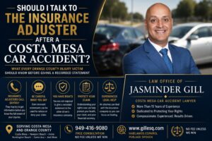 Attorney Jasminder Gill explains whether you should speak to the insurance adjuster after a Costa Mesa car accident and how to protect your Orange County injury claim.