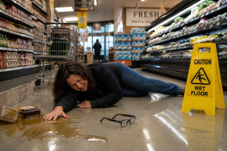 Customer injured in a slip and fall accident at a grocery store in Costa Mesa California due to a wet floor hazard