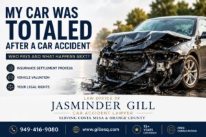Totaled vehicle after a serious car accident in Costa Mesa California with information about insurance claims, vehicle valuation, and legal rights.