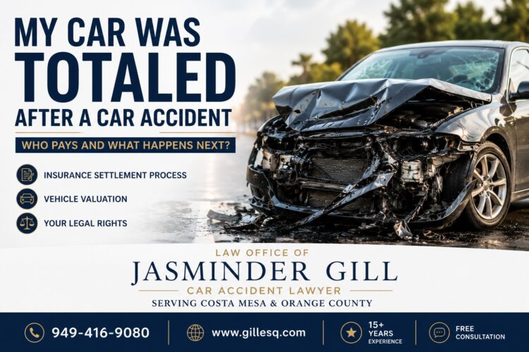 Totaled Car After a Costa Mesa Car Accident | Law Office of Jasminder Gillesa Totaled vehicle after a serious car accident in Costa Mesa California with information about insurance claims, vehicle valuation, and legal rights.
