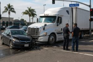 Commercial truck accident at a Costa Mesa intersection involving a semi-truck and passenger vehicle. Multiple parties may be responsible after a truck accident, including the driver, trucking company, maintenance provider, or cargo company.