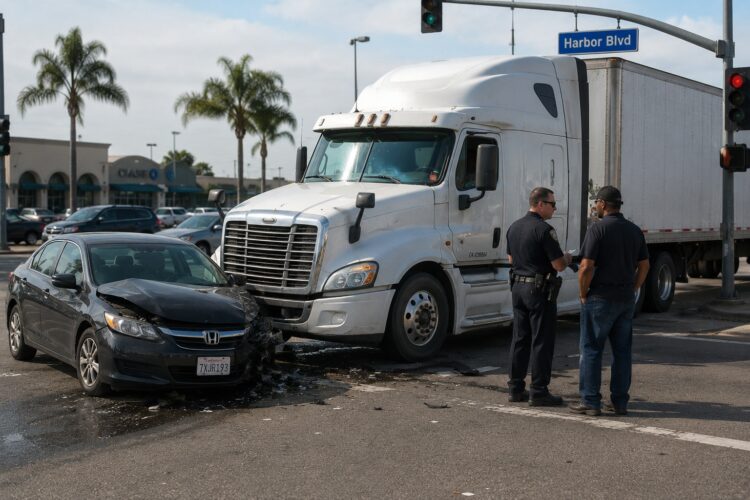 Commercial truck accident at a Costa Mesa intersection involving a semi-truck and passenger vehicle. Multiple parties may be responsible after a truck accident, including the driver, trucking company, maintenance provider, or cargo company.