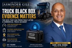 Attorney Jasminder Gill explains how black box data, electronic logging devices (ELDs), GPS records, and event data recorders help prove fault after commercial truck accidents in Costa Mesa and throughout Orange County.