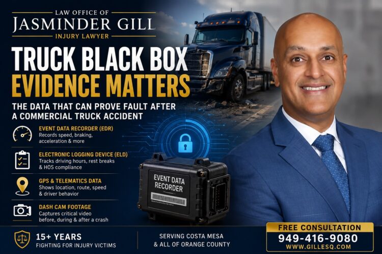 Attorney Jasminder Gill explains how black box data, electronic logging devices (ELDs), GPS records, and event data recorders help prove fault after commercial truck accidents in Costa Mesa and throughout Orange County.