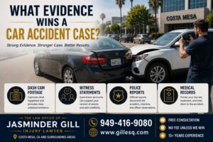 Evidence used to prove fault after a Costa Mesa car accident including dash cam footage, witness statements, police reports, medical records, surveillance video, and black box data.