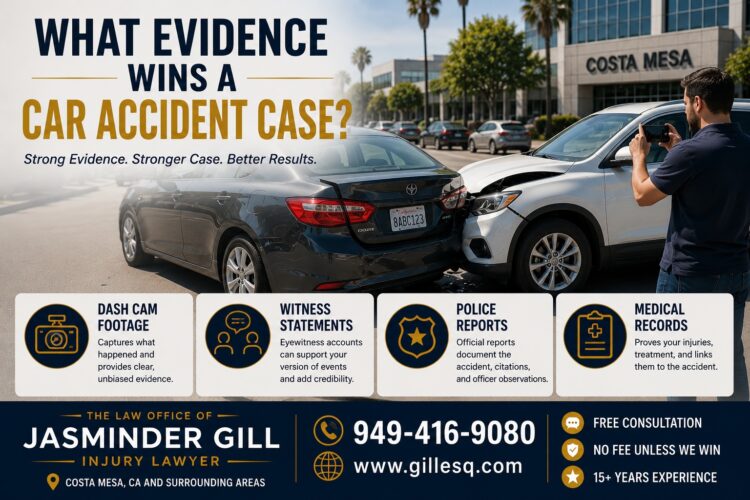 Evidence used to prove fault after a Costa Mesa car accident including dash cam footage, witness statements, police reports, medical records, surveillance video, and black box data.