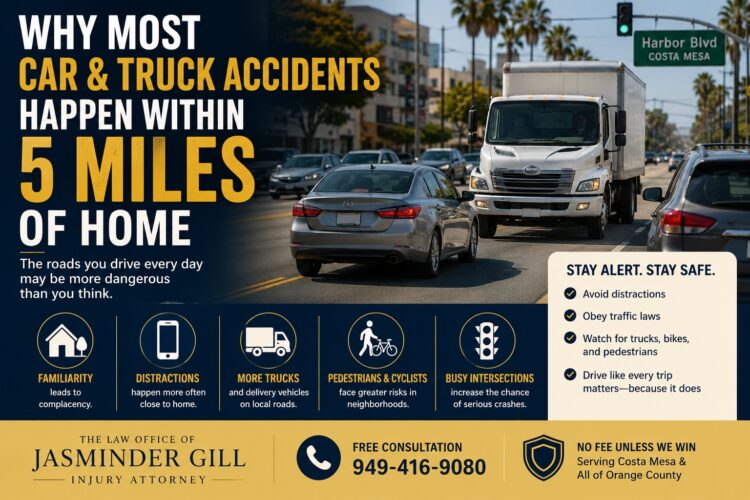Why most car and truck accidents happen within 5 miles of home in Costa Mesa