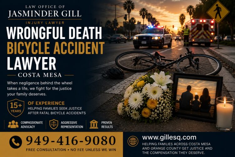 Wrongful death bicycle accident lawyer in Costa Mesa assisting families after fatal bicycle and e-bike accidents caused by negligent drivers.