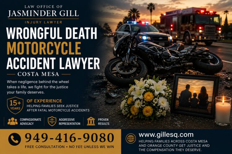 Wrongful death motorcycle accident lawyer in Costa Mesa helping families after fatal motorcycle crashes caused by negligent drivers.