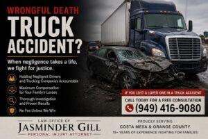 Commercial semi-truck involved in a serious collision with a passenger vehicle on a California freeway, highlighting wrongful death truck accident claims and legal representation for families in Costa Mesa and Orange County.