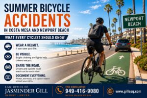 Summer bicycle accidents in Costa Mesa and Newport Beach increase due to beach traffic, distracted drivers, and crowded roadways.