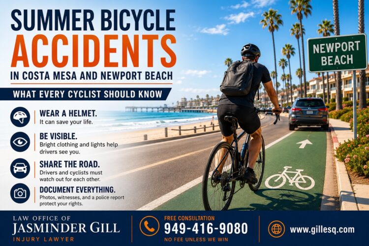 Summer Bicycle Accidents in Costa Mesa and Newport Beach | Law Office of Jasminder Gill Summer bicycle accidents in Costa Mesa and Newport Beach increase due to beach traffic, distracted drivers, and crowded roadways.