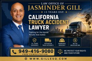 Jasminder Gill, California truck accident lawyer with over 15 years of experience helping victims injured in semi-truck, commercial truck, and 18-wheeler accidents throughout California.