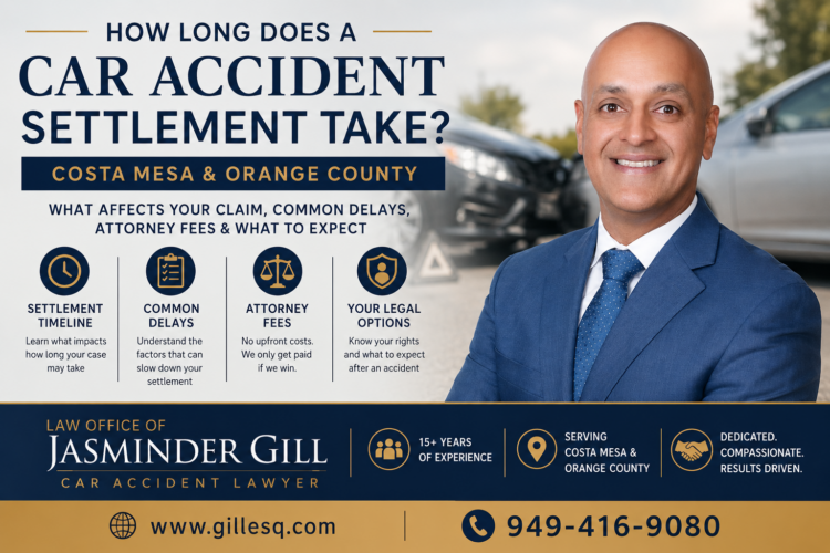How Long Does a Car Accident Settlement Take in Costa Mesa? | Law Office of Jasminder Gill Professional image of Attorney Jasminder Gill with a car accident scene illustrating how long a car accident settlement may take in Costa Mesa and Orange County, California.
