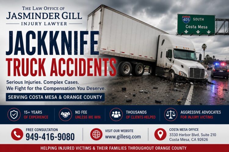 Commercial semi-truck involved in a jackknife accident on a Costa Mesa freeway. Law Office of Jasminder Gill represents truck accident victims throughout Costa Mesa and Orange County.