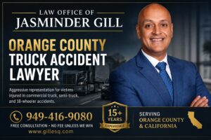 Attorney Jasminder Gill helping truck accident victims in Orange County understand when to hire a truck accident lawyer after a serious commercial truck crash.