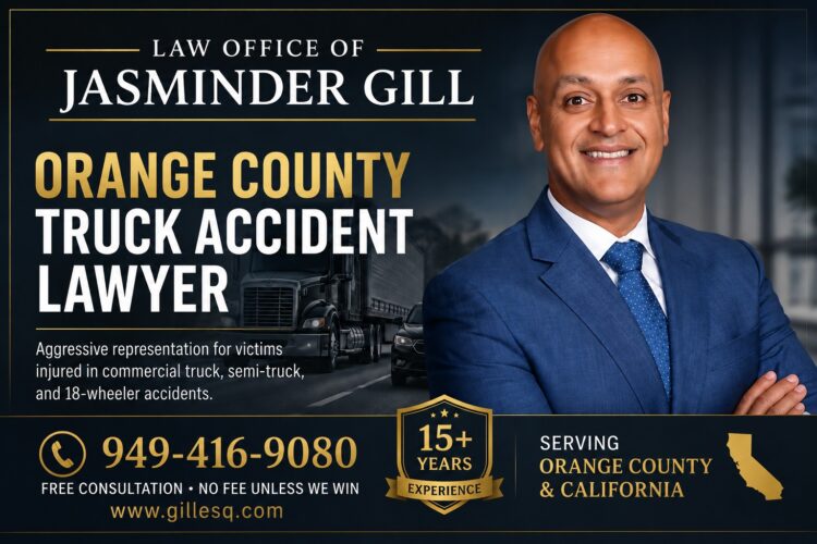 Commercial truck accident on an Orange County freeway with Attorney Jasminder Gill, experienced Orange County truck accident lawyer helping victims of semi-truck and 18-wheeler crashes.