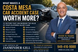 Attorney Jasminder Gill discussing the factors that increase the value of a Costa Mesa car accident injury claim.