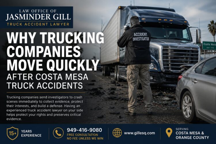 Why Trucking Companies Move Quickly After Costa Mesa Truck Accidents | Law Office of Jasminder Gill Commercial truck accident investigation in Costa Mesa showing why trucking companies send investigators immediately after serious truck accidents in Orange County.
